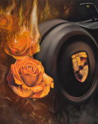 Flaming roses and a Porsche steering wheel moody atmosphere