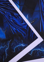 Close-up of a car's blue hood with a white border on print