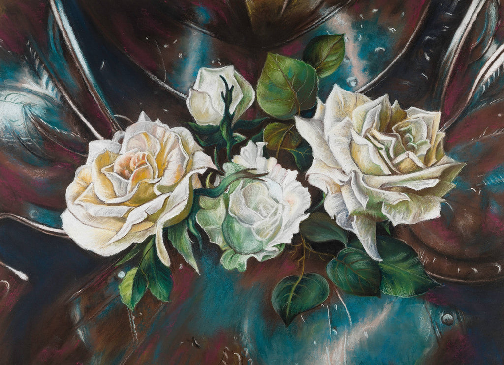 A close-up floral painting of three white roses with green leaves against a dark, painterly background with teal, brown, and burgundy tones.
